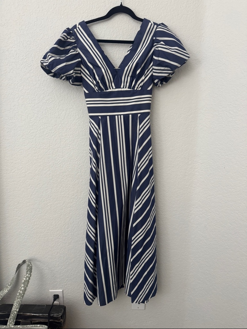 kate spade Navy and White Striped V-Neck Puff Sleeve Midi Dress